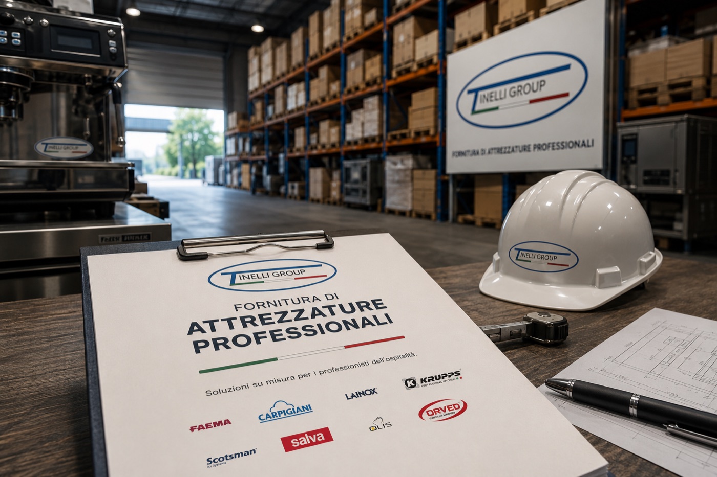 Magazzino Tinelli Group con attrezzature professionali per la ristorazione e i marchi partner