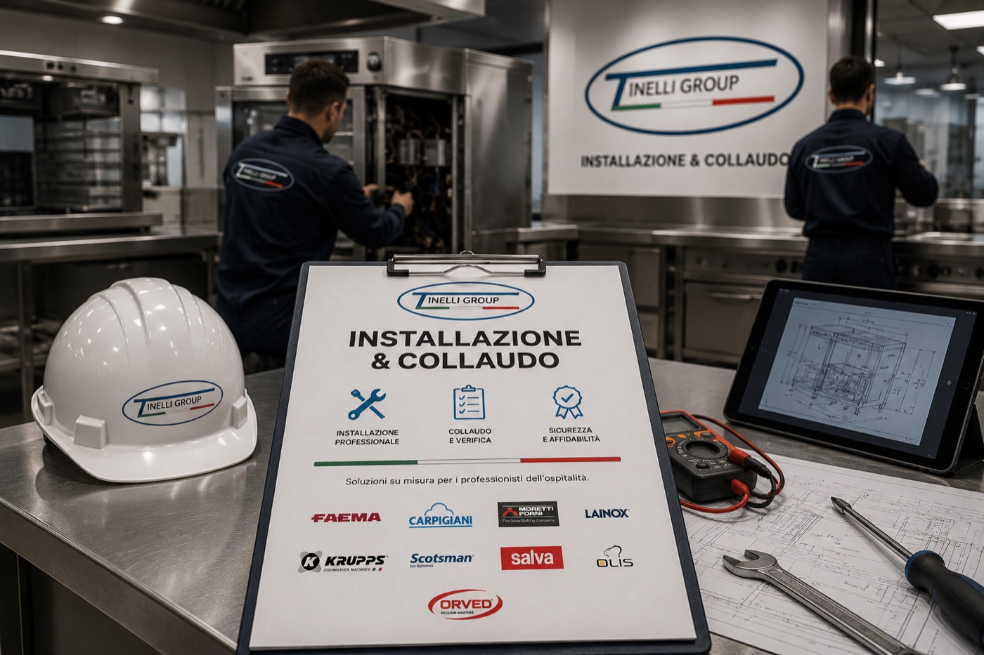 Tecnici Tinelli Group durante l'installazione e il collaudo di attrezzature in una cucina professionale