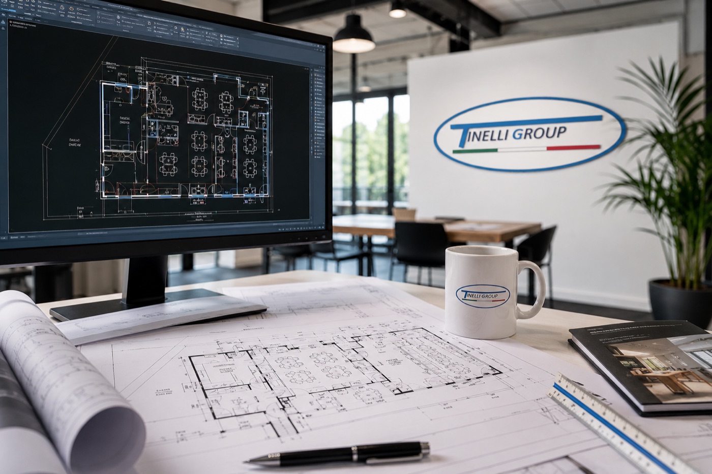 Progettazione 3D di un locale in AutoCAD su monitor, con planimetrie stampate sul tavolo